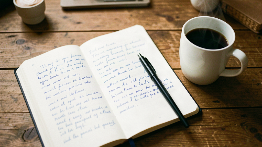 Jurnal Harian dengan Secangkir Kopi di Atas Meja Kayu